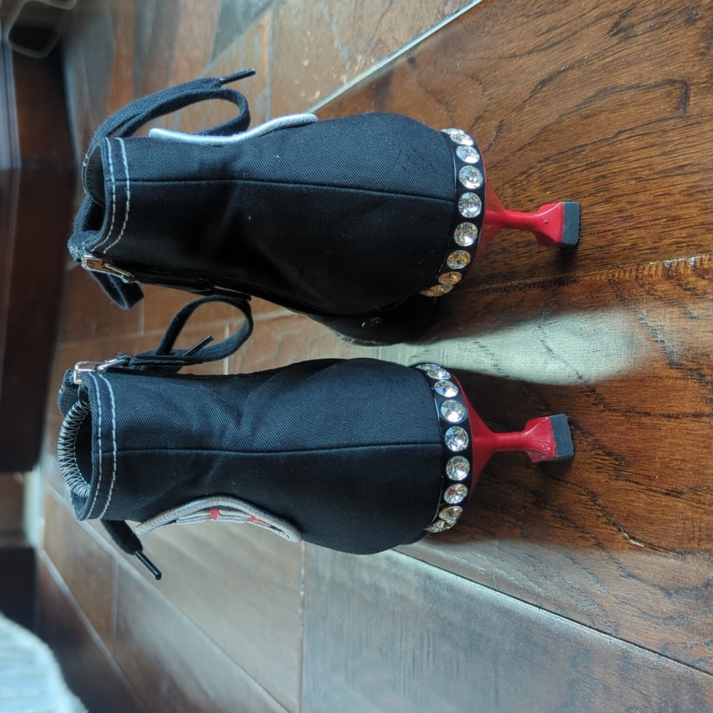 Miu Miu Black Lace-Up Ankle Heels with Red Accents and Crystal Trim - Picture 4 of 13